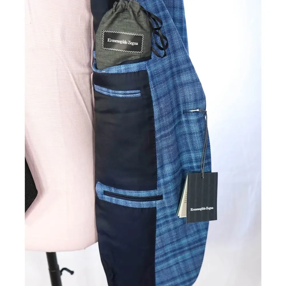 $2,990 ZEGNA - Blue Plaid Wool/Silk/Linen Blazer - 46R